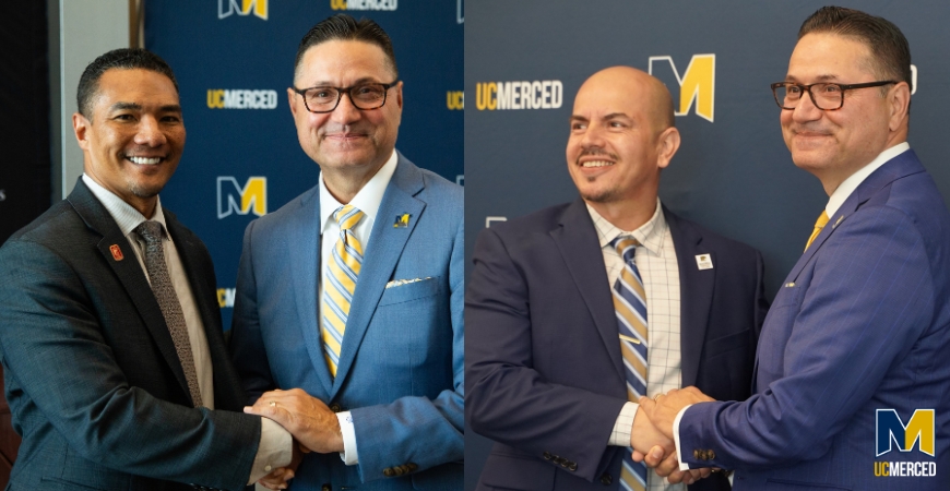 Chancellor Juan Sánchez Muñoz shaking hands with Las Positas College President Dyrell Foster. Chancellor Juan Sánchez Muñoz shaking hands with Madera College President Angel Reyna.