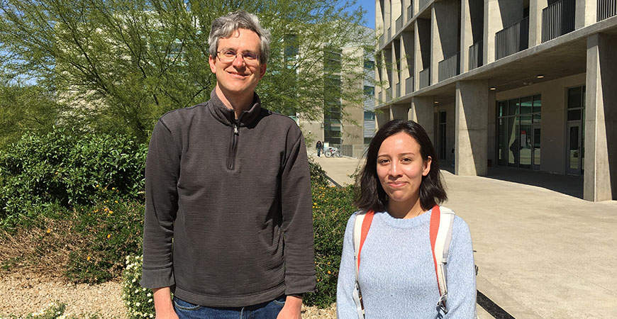 Professor David Strubbe and student Elsa Vazquez pose for a photo at UC Merced.