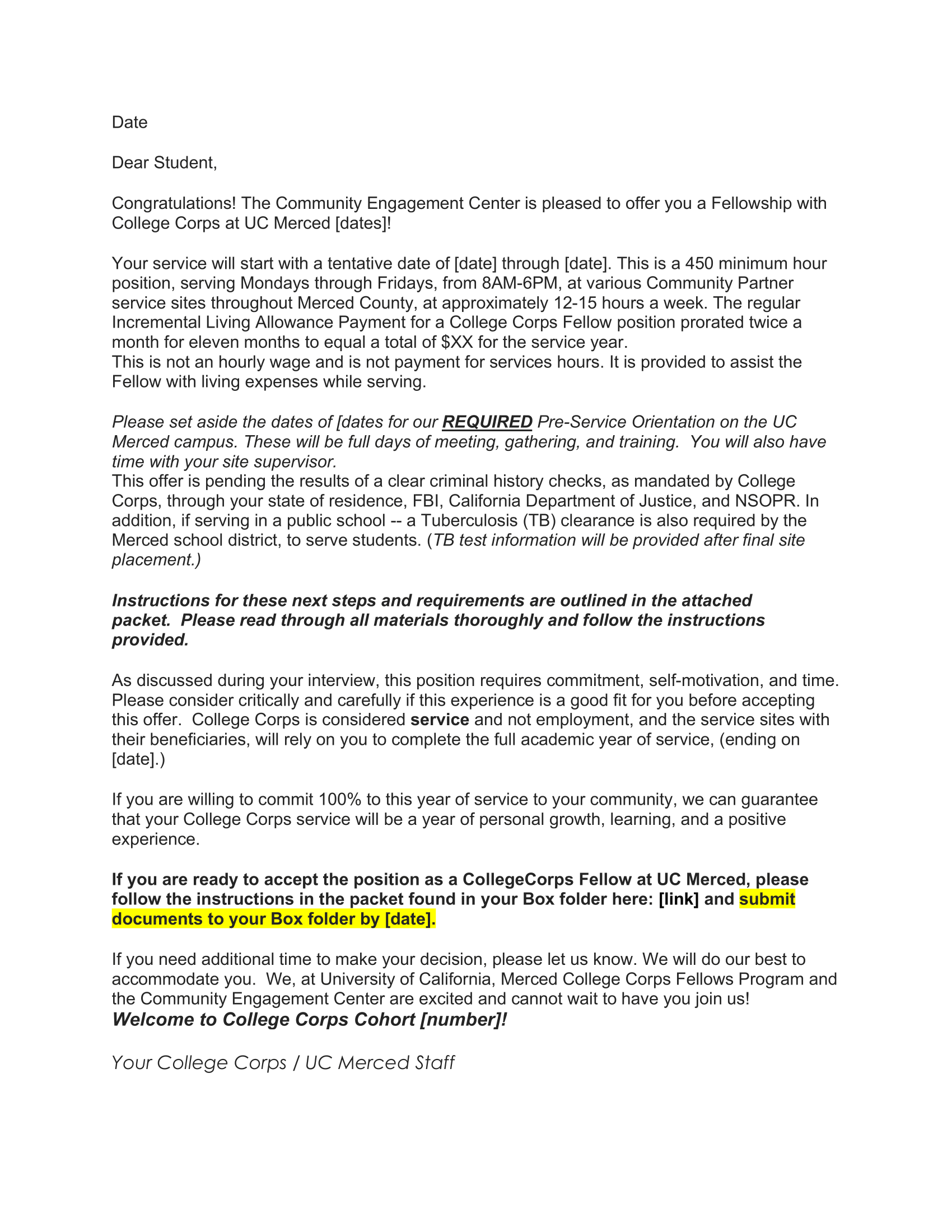 College Corps Congratulations Email