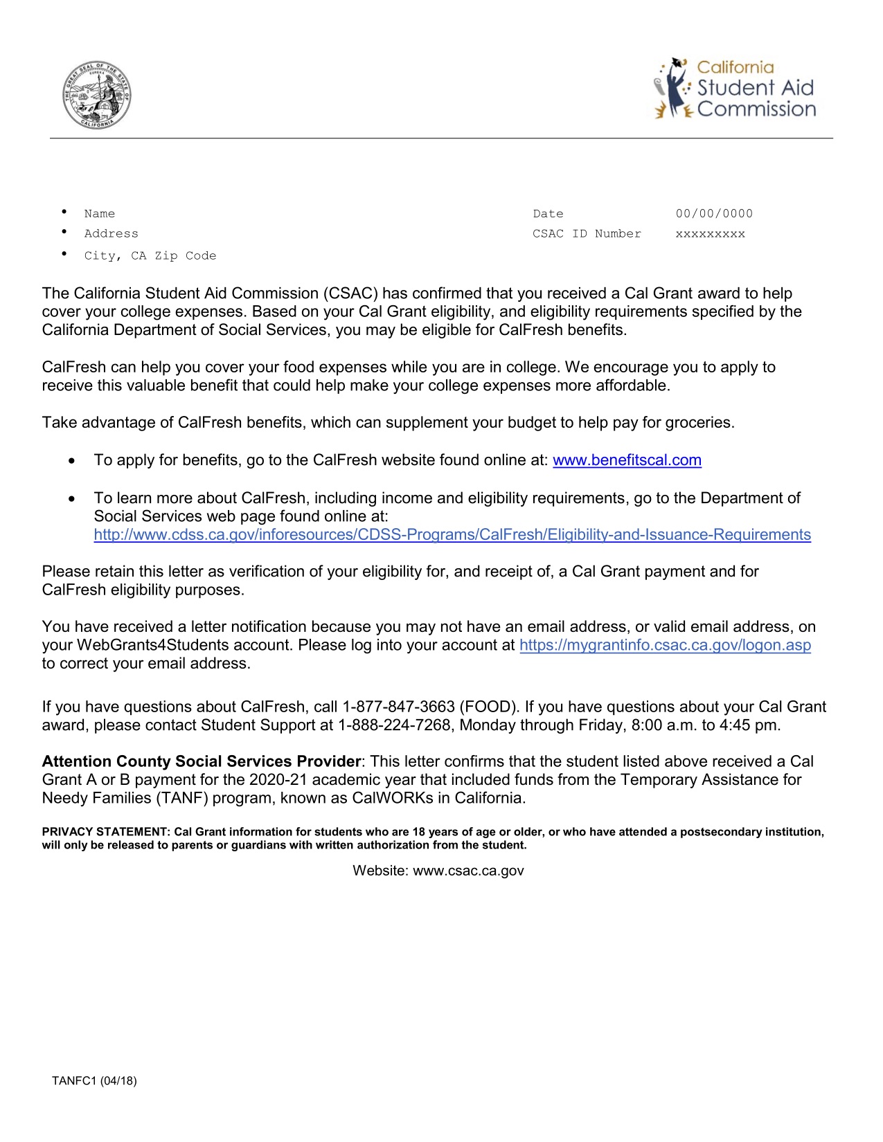 Example CSAC Verification Letter