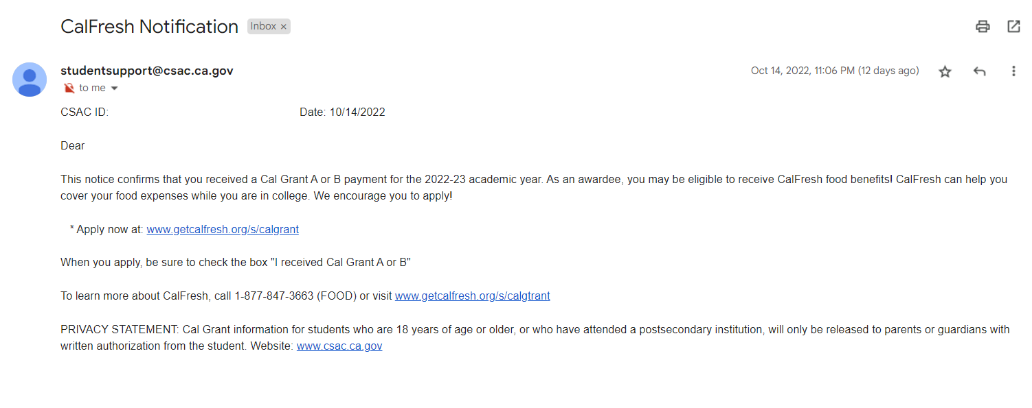 Example TANF award email from CSAC