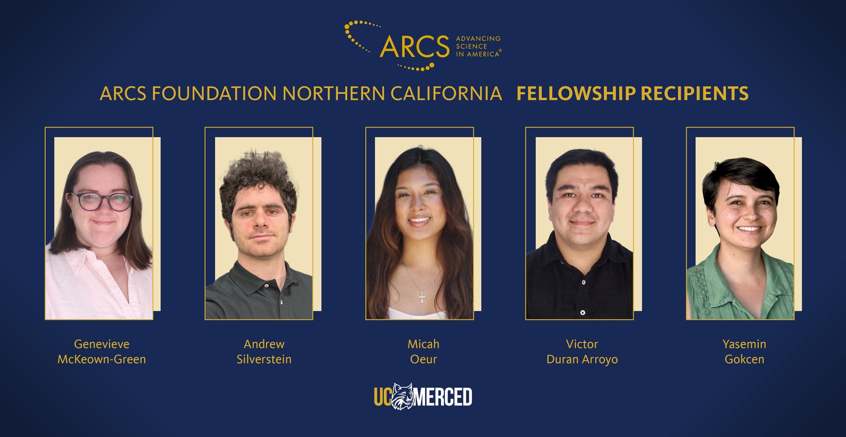 graphic with five individuals higlighted; three females and two males with UC Merced and ARCS logos on blue background