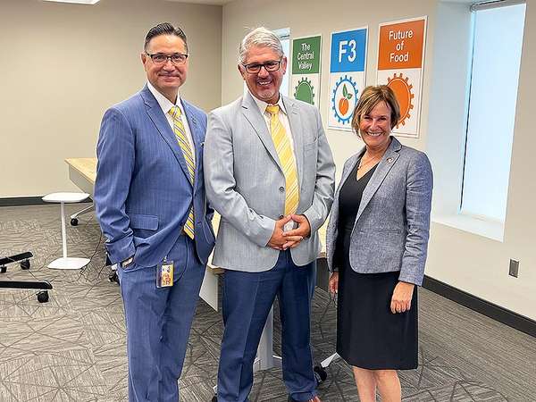 UC Merced Chancellor Juan Sánchez Muñoz, Professor Joshua Viers and Interim Vice Chancellor for Research Marjorie Zatz pose for a photo.