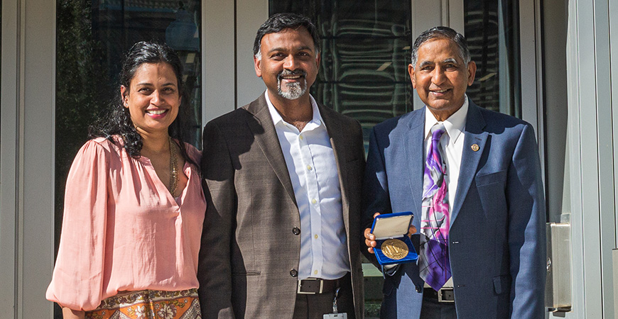 The Lakireddy family has long supported UC Merced's mission. Dr. Vikram Lakireddy and Priya Lakireddy pose with Dr. Hanimireddy Lakireddy, 2020 recipient of the Chancellor's Medal.