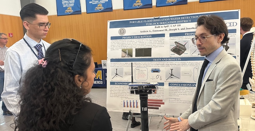 Photo depicts students describing their product, an irrigation sensor, at the Innovate to Grow event at UC Merced.