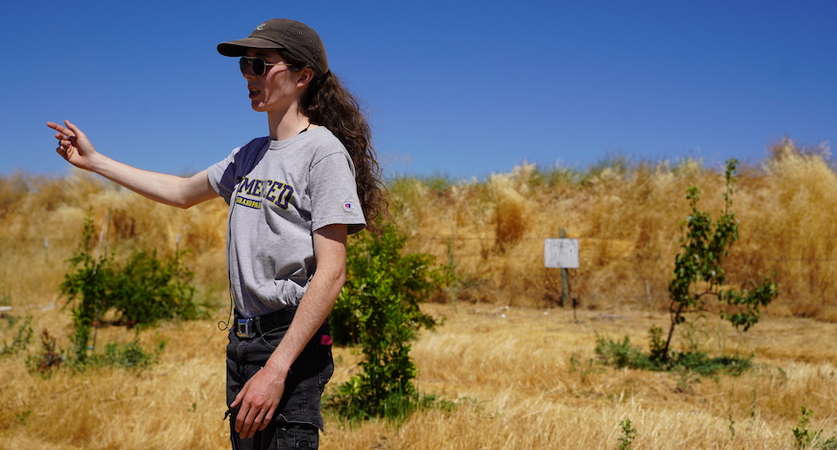Student Kat Corti describes work being done at UC Merced's Experimental Smart Farm.